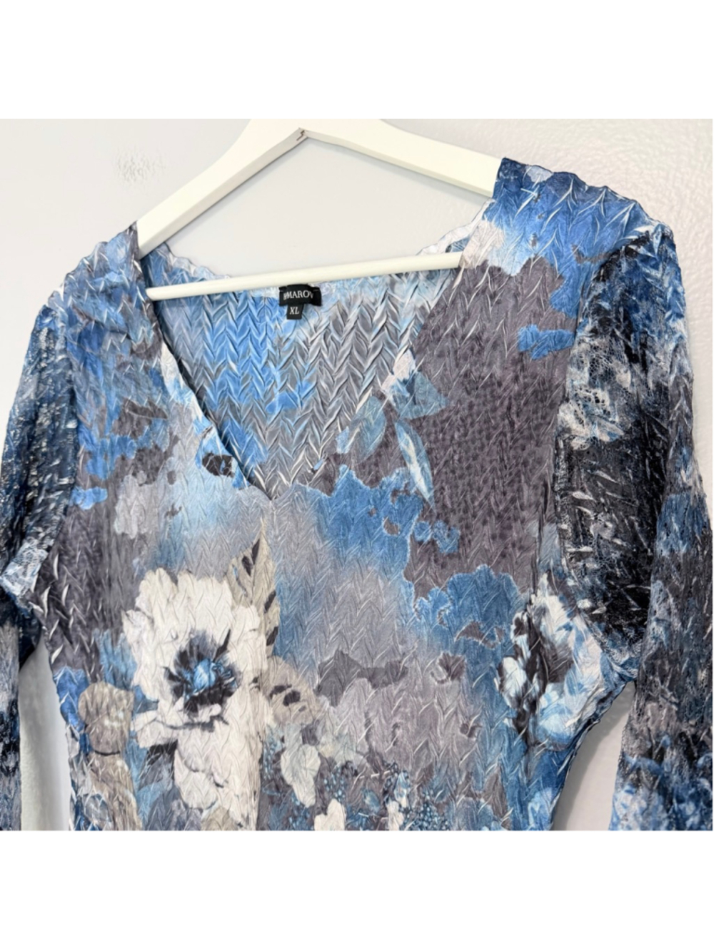 KOMAROV Blue Gray Floral Pleated Charmeuse Cocktail Dress Lace Sleeve Size XL - Picture 5 of 15